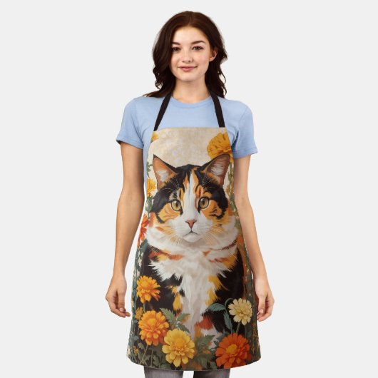 Mooie Calico kat met goudsbloem bloemen Schort (Gedragen)