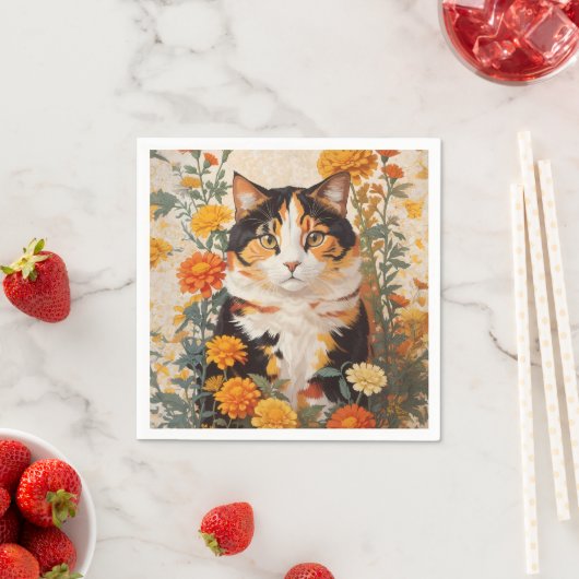 Mooie Calico kat met goudsbloem bloemen Servet (Insitu)
