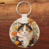 Mooie Calico kat met goudsbloem bloemen Sleutelhanger (Achterkant)