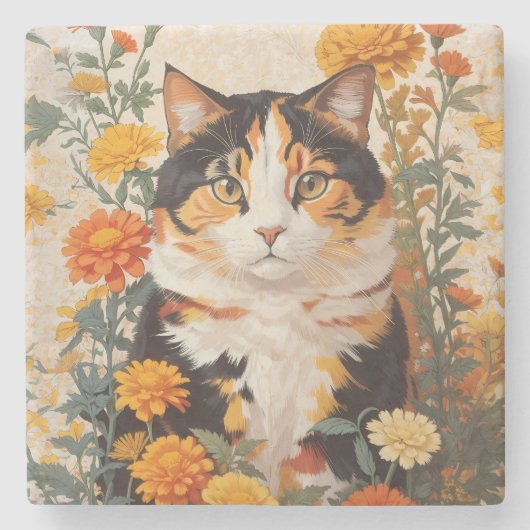 Mooie Calico kat met goudsbloem bloemen Stenen Onderzetter (Voorkant)