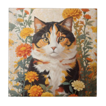 Mooie Calico kat met goudsbloem bloemen