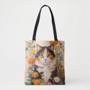 Mooie Calico kat met goudsbloem bloemen Tote Bag