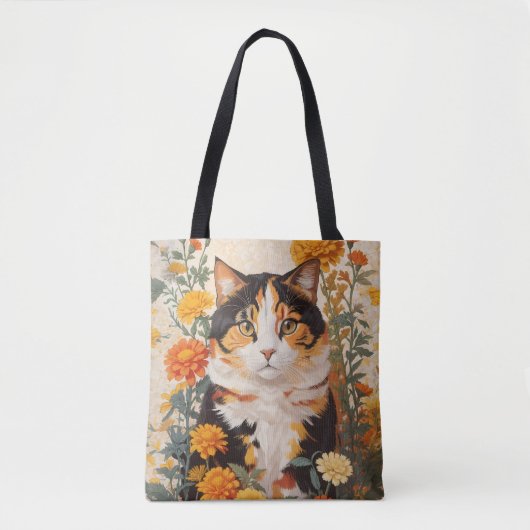 Mooie Calico kat met goudsbloem bloemen Tote Bag (Voorkant)