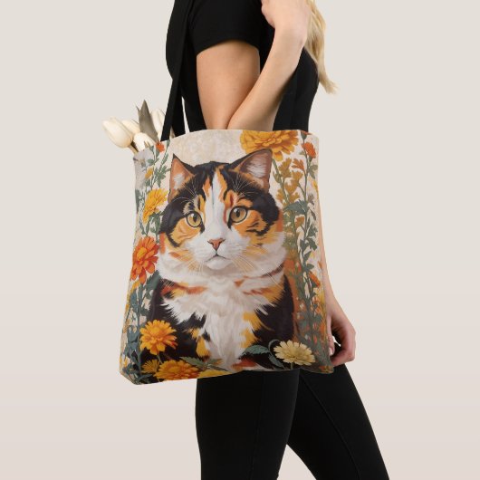 Mooie Calico kat met goudsbloem bloemen Tote Bag (Dichtbij)