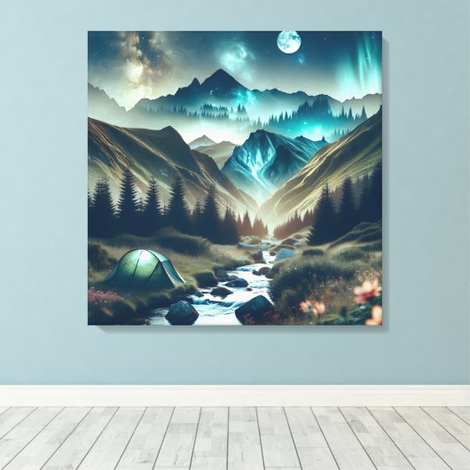 Mooie camping met bergen en tenten canvas afdruk (Insitu (Houten vloer))