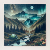 Mooie camping met bergen en tenten legpuzzel (Verticaal)