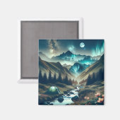 Mooie camping met bergen en tenten magneet (Voorkant / Achterkant)