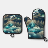 Mooie camping met bergen en tenten ovenwant & pannenlap set (Voorkant)