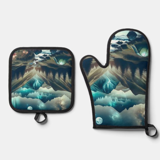 Mooie camping met bergen en tenten ovenwant & pannenlap set (Voorkant)