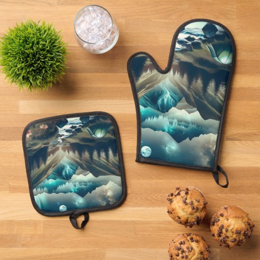 Mooie camping met bergen en tenten ovenwant & pannenlap set (Top down)