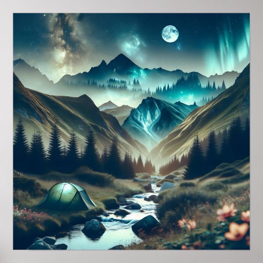 Mooie camping met bergen en tenten poster (Voorkant)