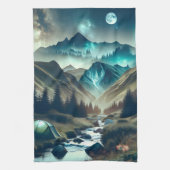 Mooie camping met bergen en tenten theedoek (Verticaal)