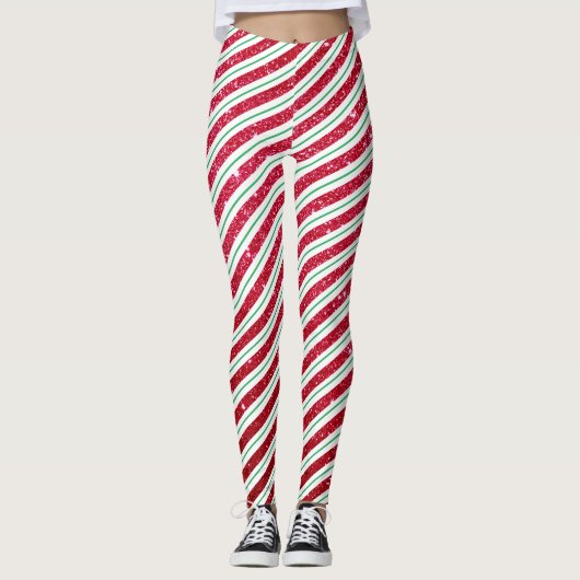 Mooie Candy Cane Glitter Gestreept Patroon Kerstmi Leggings (Voorkant)