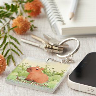 Mooie Capybara Aangepaste Naam Vierkante Acrylic Sleutelhanger