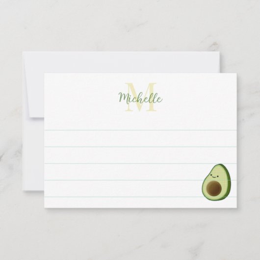 Mooie Cartoon Avocado Aangepaste Monogram Voering Notitiekaartje (Voorkant)