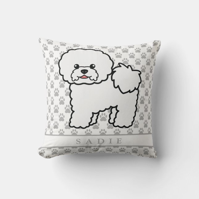 Mooie Cartoon Bichon Frise Hond & Aangepaste Naam Kussen (Voorkant)
