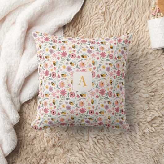 Mooie cartoon bij bloem roze patroon monogram kussen (Deken)