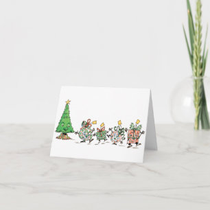 Mooie Cartoon Dansende Kerstcadeaus en Boom Feestdagen Kaart