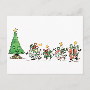 Mooie Cartoon Dansende Kerstcadeaus en Boom Feestdagenkaart