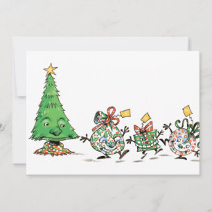 Mooie Cartoon Dansende Kerstcadeaus en Boom Feestdagenkaart