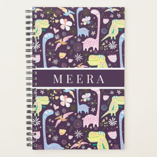 Mooie Cartoon Dinosauren Patroon Naam Donker Paars Planner
