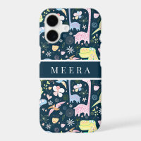Mooie Cartoon Dinosauren Patroon Naam Donkerblauw