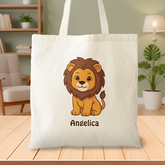 Mooie Cartoon Leeuw Aangepaste Naam Tote Bag