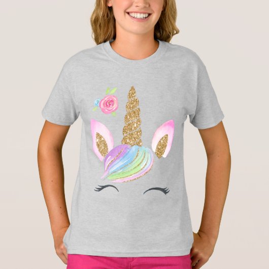 Mooie Cartoon Unicorn w/ Rainbow Background T-shirt (Voorkant)