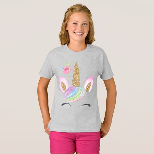 Mooie Cartoon Unicorn w/ Rainbow Background T-shirt (Voorkant volledig)
