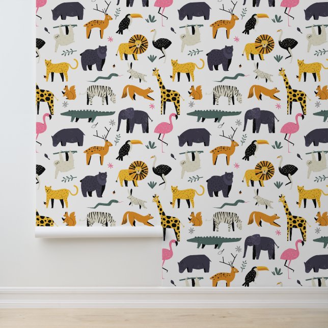 Mooie Cartoon Wilde Dieren Patroon Behang (Applicatie)