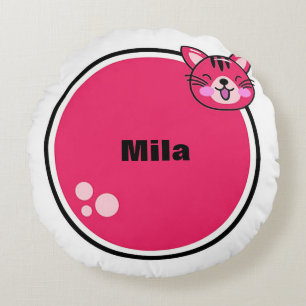 Mooie Cartoonkat Roze Cirkelvorm Rond Kussen