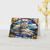 Mooie Chartreux Kat Gebrandschilderd Glas Kaart (Gele Bloem)