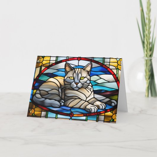 Mooie Chartreux Kat Gebrandschilderd Glas Kaart (Voorkant)