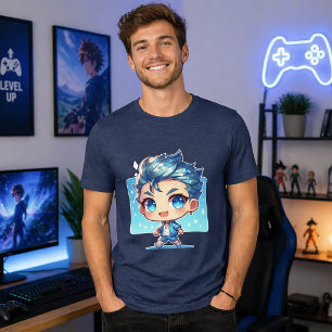 Mooie Chibi Jongen Anime Kunst met Blauwe Watert Tri-Blend Shirt