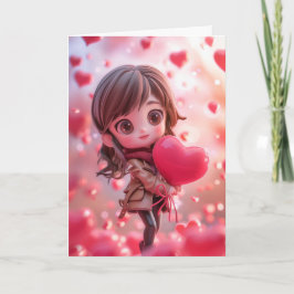 Mooie Chibi-vrouw met een Hart vasthoudend Kaart