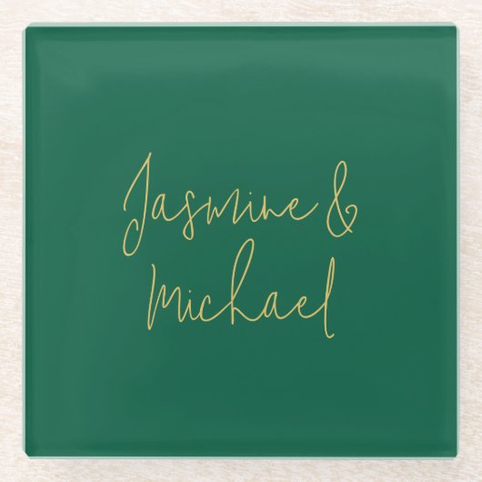 Mooie Chic Calligrafie Koppel Namen Groen & Goud Glazen Onderzetter (Voorkant)