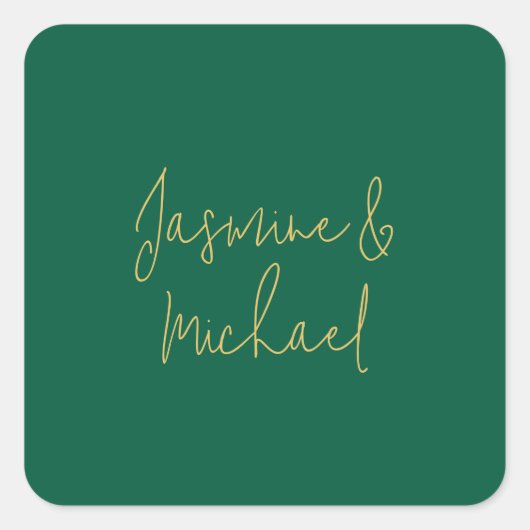 Mooie Chic Calligrafie Koppel Namen Groen & Goud Vierkante Sticker (Voorkant)