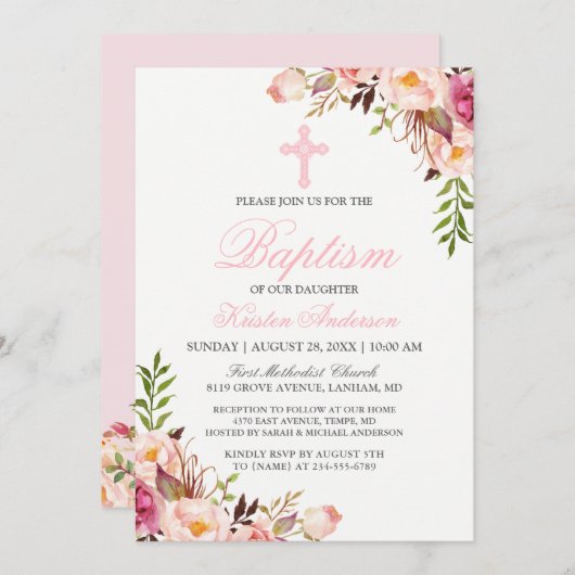 Mooie Chic Pink Floral Baptism Kaart (Voorkant / Achterkant)