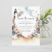 Mooie Chic Waterverf vuurtoren bruiloft Save The Date (Staand voorkant)