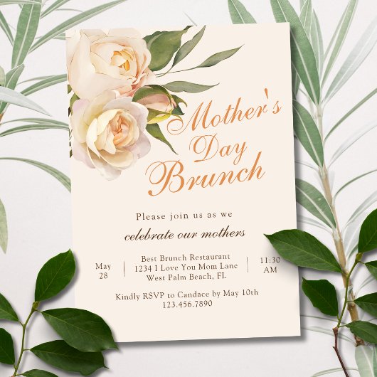 Mooie Chic Witte Rozen Crème Moederdag Brunch Kaart