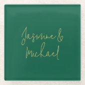 Mooie chique kalligrafie paar namen groen en goud glazen onderzetter (Voorkant)