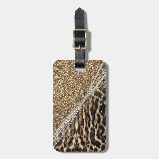 Mooie chique meisje luipaard print gouden glitter bagagelabel (Voorkant verticaal)