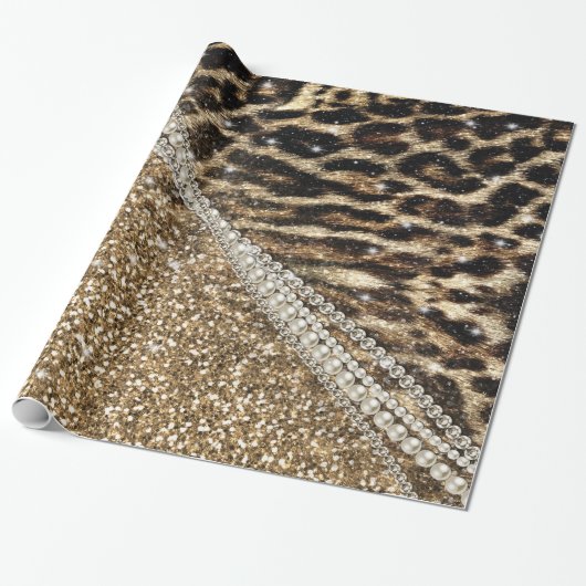 Mooie chique meisje luipaard print gouden glitter cadeaupapier (Uitgerold)