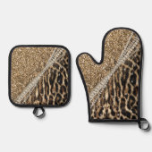 Mooie chique meisje luipaard print gouden glitter ovenwant & pannenlap set (Voorkant)