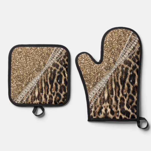 Mooie chique meisje luipaard print gouden glitter ovenwant & pannenlap set (Voorkant)