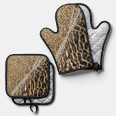 Mooie chique meisje luipaard print gouden glitter ovenwant & pannenlap set (Voorkant / Achterkant)