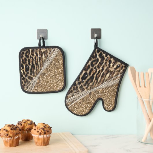 Mooie chique meisje luipaard print gouden glitter ovenwant & pannenlap set (Insitu(Ophanging))