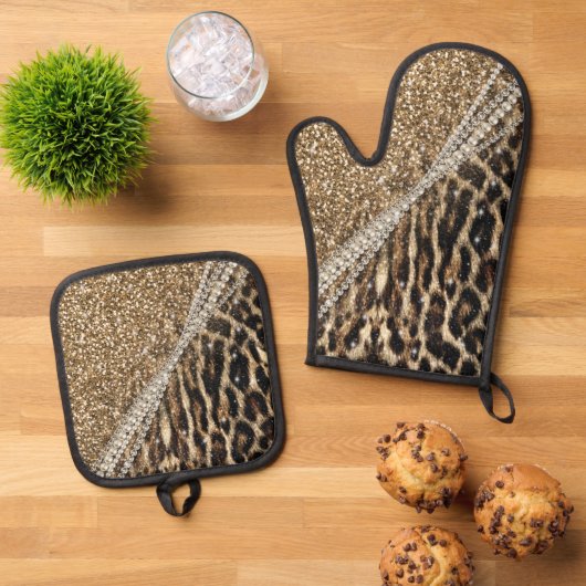 Mooie chique meisje luipaard print gouden glitter ovenwant & pannenlap set (Top down)