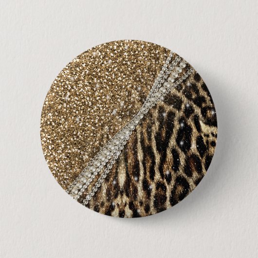 Mooie chique meisje luipaard print gouden glitter ronde button 5,7 cm (Voorkant)