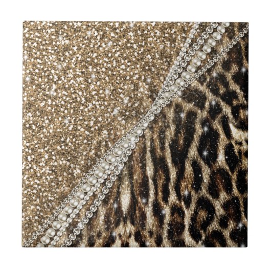 Mooie chique meisje luipaard print gouden glitter tegeltje (Voorkant)
